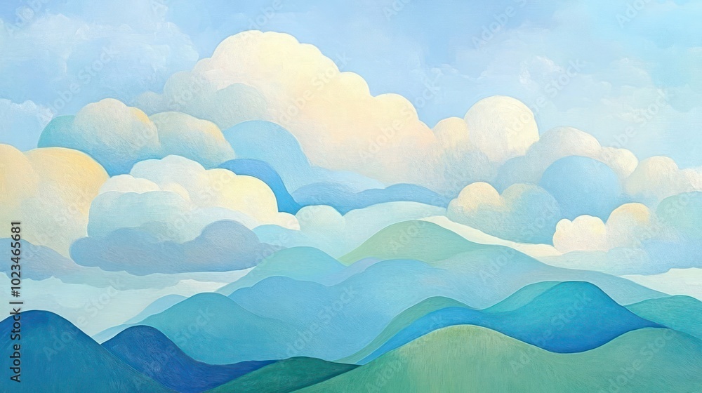 A serene landscape featuring rolling hills and soft clouds in a soothing color palette. A serene landscape featuring rolling hills and soft clouds in a soothing color palette.