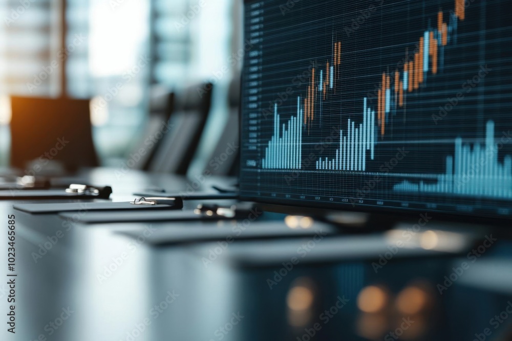 Chart analysis on a modern desktop in a bright office setting. Chart analysis on a modern desktop in a bright office setting.