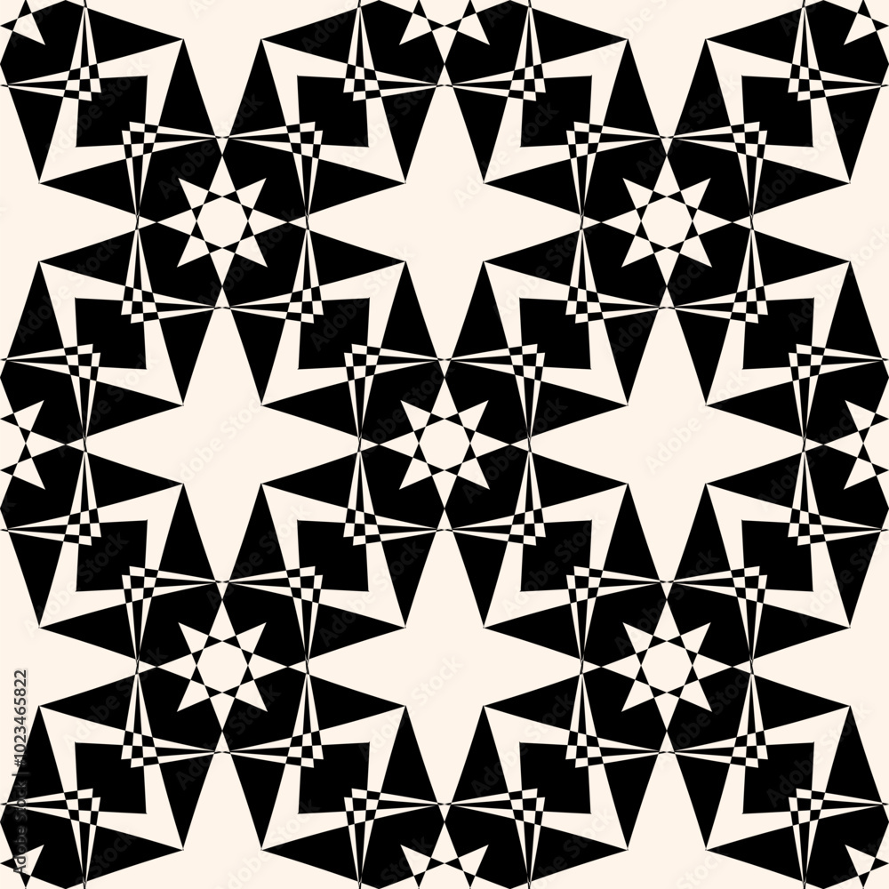 Vector abstract black and white geometric seamless pattern. Stylish monochrome geometrical texture. Simple background with star shapes, floral silhouettes. Repeated geo design for decor, wrap, print Vector abstract black and white geometric seamless pattern. Stylish monochrome geometrical texture. Simple background with star shapes, floral silhouettes. Repeated geo design for decor, wrap, print