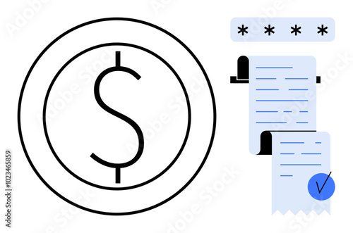 Large dollar sign, receipts with a checkmark, and a password indicating secure payments. Ideal for financial transactions, online payments, bookkeeping, security, and e-commerce. Illustrated in a