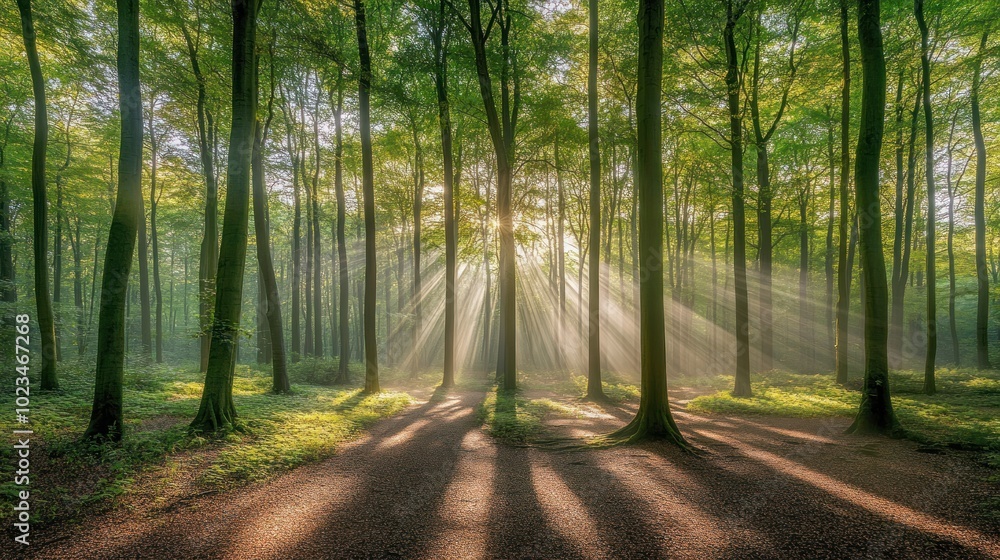 Obraz premium Sunlight beams through the trees in a lush green forest, casting long shadows on the forest floor.