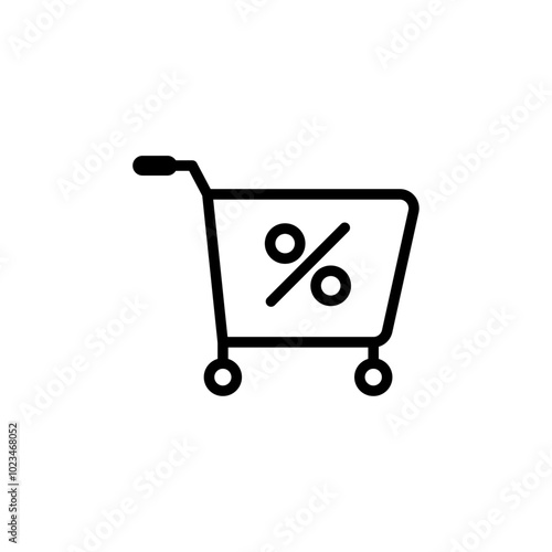 Simple outline of a shopping cart with a discount symbol, representing sales or offers.