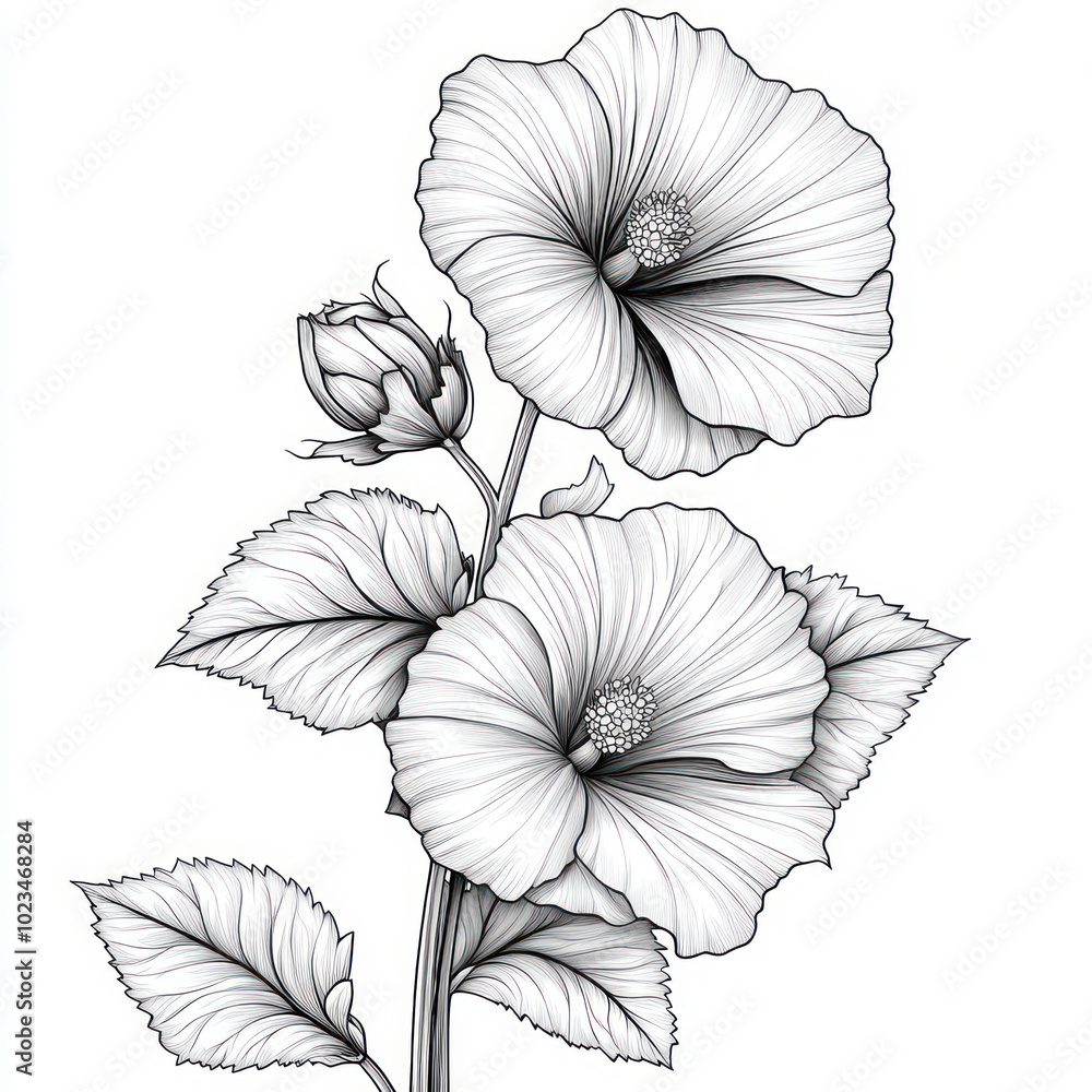 A Hollyhock, line pattern, black and white artwork style. Coloring book, zoom out, isolated on solid white background A Hollyhock, line pattern, black and white artwork style. Coloring book, zoom out, isolated on solid white background