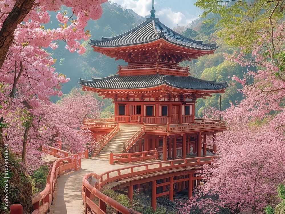 beautiful japanese temple nestled among blossoming cherry trees, framed by vibrant pink sakura blooms, creating a picturesque scene steeped in tranquility and cultural beauty beautiful japanese temple nestled among blossoming cherry trees, framed by vibrant pink sakura blooms, creating a picturesque scene steeped in tranquility and cultural beauty