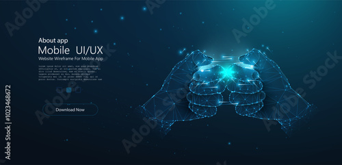 Polygonal 3D hands holding a glowing digital object, futuristic low poly wireframe style. Concept for technology, virtual interaction, and gaming innovations. Vector illustration