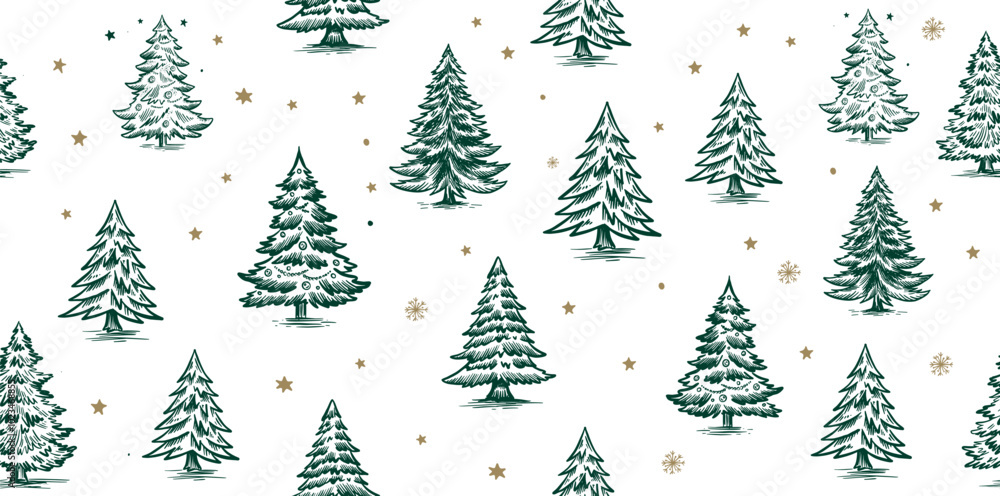 Obraz premium Christmas pattern with tree, hand drawn illustrations 