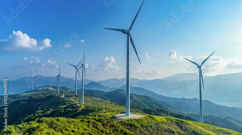 Wind turbines on green rolling hills under a bright sky - clean energy and green energy concept