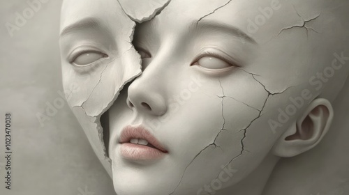 Wallpaper Mural A cracked, surreal face sculpture symbolizing fragility and duality in human identity. Torontodigital.ca
