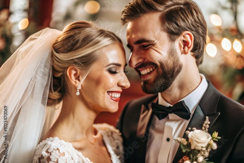 A wedding couple in each other's arms. The happy newlyweds are smiling. The bride and groom. Creating a family.