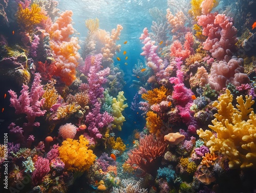 breathtaking underwater scene showcasing the vibrant life on a coral reef, with a kaleidoscope of colors from various marine species swimming gracefully amidst the coral formations