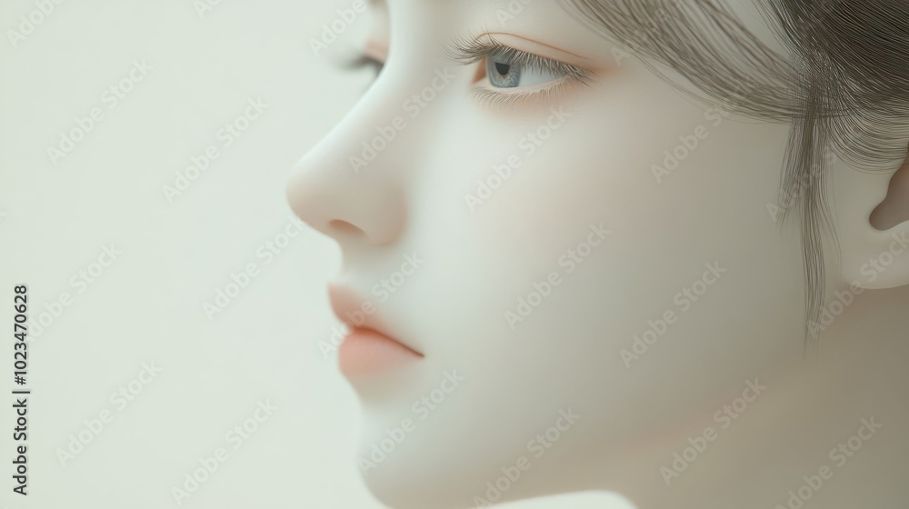 A close-up profile of a serene, stylized human face with soft features and a calm expression. A close-up profile of a serene, stylized human face with soft features and a calm expression.