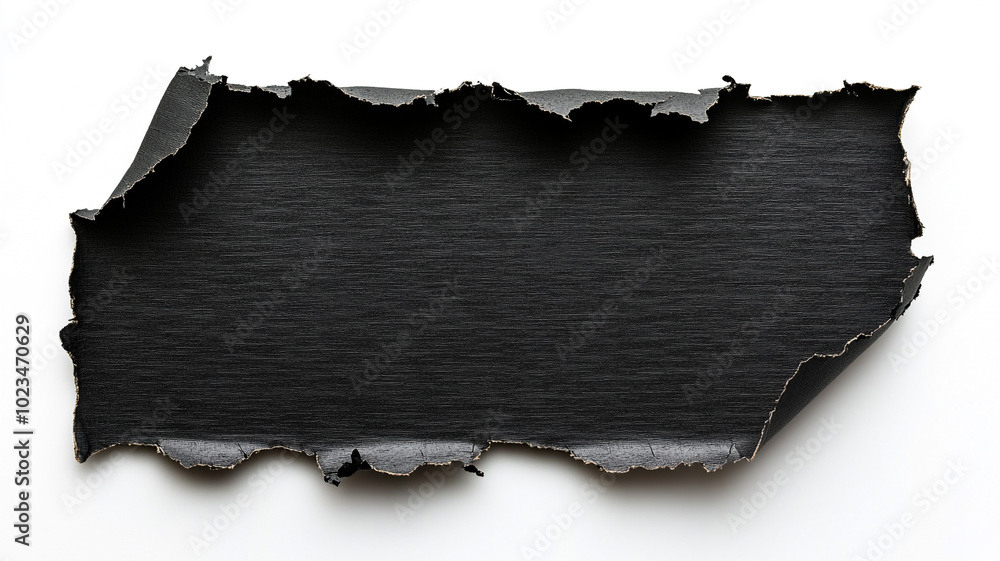 A single piece of black paper with torn edges on white background. A single piece of black paper with torn edges on white background.