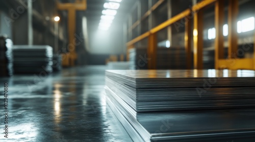 Stacked metal sheets in a spacious industrial warehouse with polished floors.