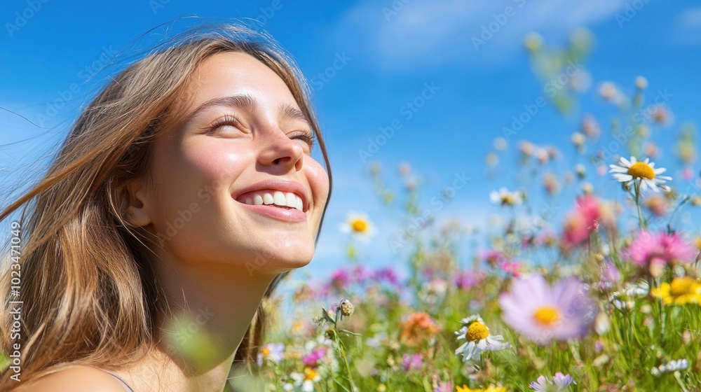 Young Woman Enjoying Fresh Air in Vibrant Meadow Young Woman Enjoying Fresh Air in Vibrant Meadow