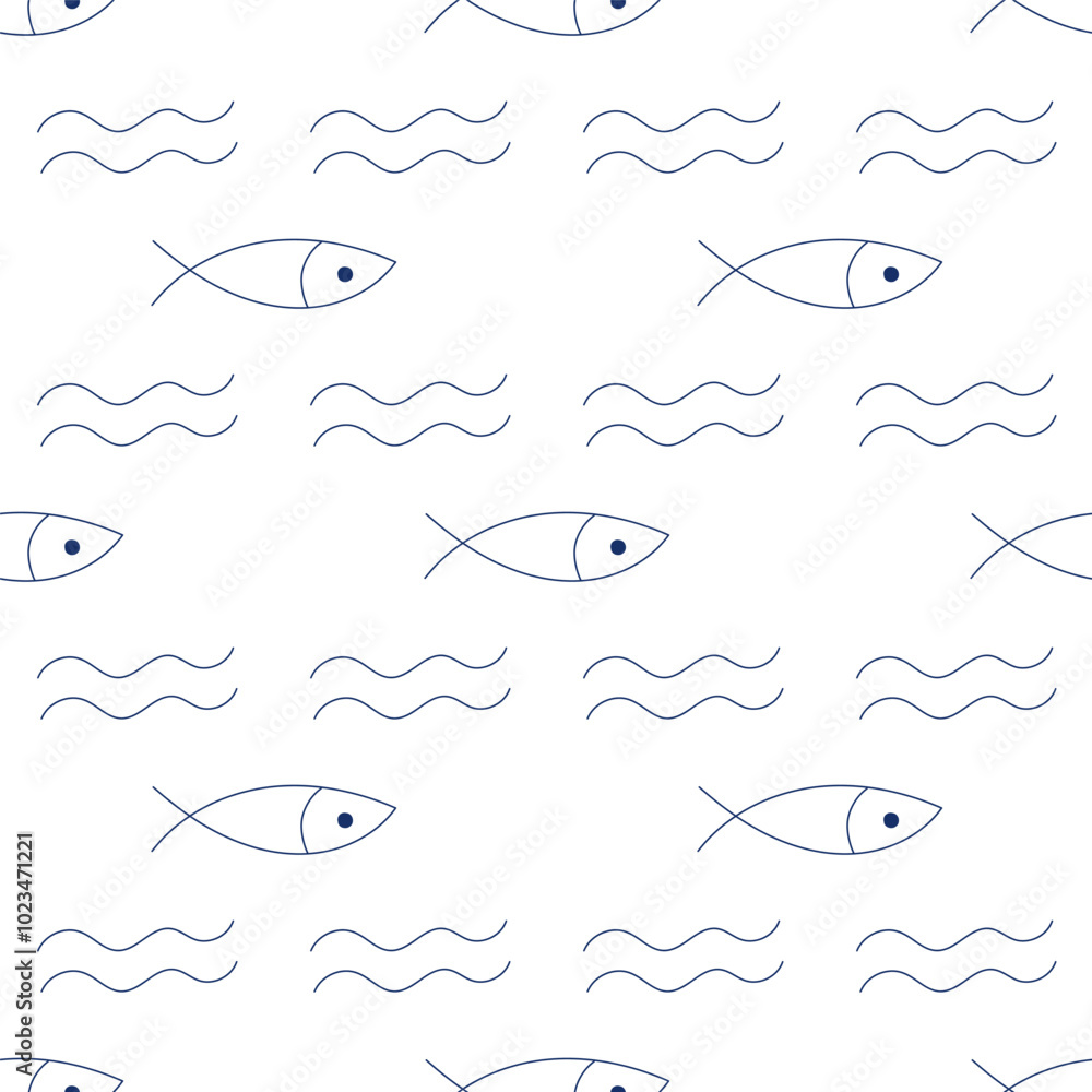 Pattern with fish and doodle waves, endless simple texture on transparent background Pattern with fish and doodle waves, endless simple texture on transparent background