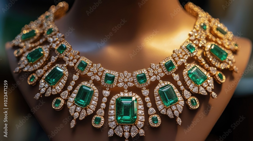 Beautiful emerald necklace with a gold chain, accentuated by diamonds, the classic design radiating opulence and refined elegance. Beautiful emerald necklace with a gold chain, accentuated by diamonds, the classic design radiating opulence and refined elegance.