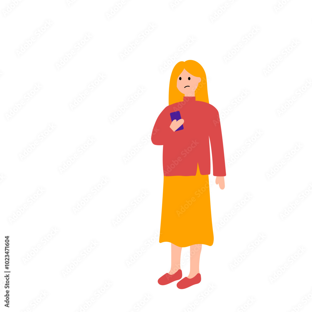 A sad girl holds a phone in her hand. Simple color vector illustration. A sad girl holds a phone in her hand. Simple color vector illustration.