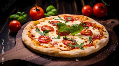 Delicious pizza topped with fresh basil and tomatoes, perfect for a savory meal.