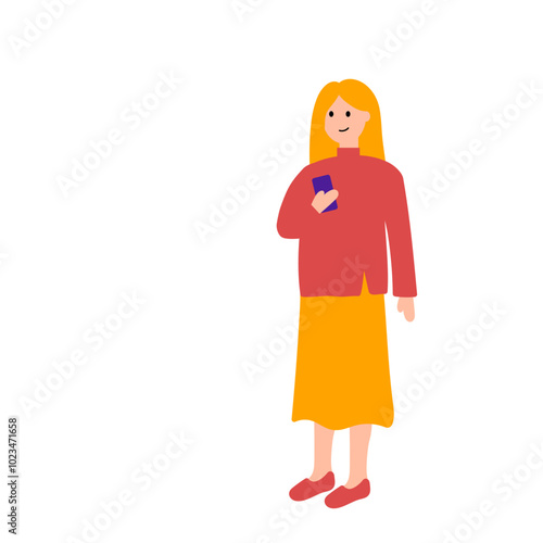 A cheerful girl holds a phone in her hand. Simple color vector illustration.