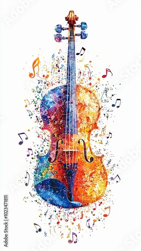 An artistic depiction of a violin, painted in vibrant colors with floating music notes, symbolizing passion for music and artistic expression. photo