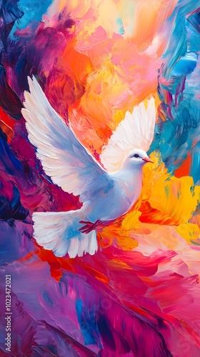 The holy spirit in the form of a white dove with spread wings, flying in vibrant colors, in the style of an oil painting