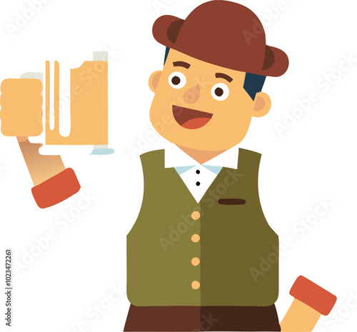 A cheerful vector illustration of a man holding a beer, representing celebration, fun, and traditional drinking culture.