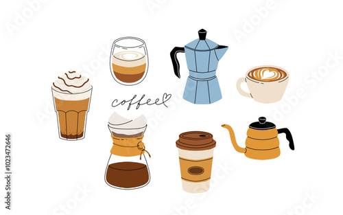 Set of coffee accessories and brewing methods. Coffee makers. French press, filter, turkish coffee, chemex, moka pot. Cafe equipment for morning energy hot drinks, Flat cartoon vector set.
