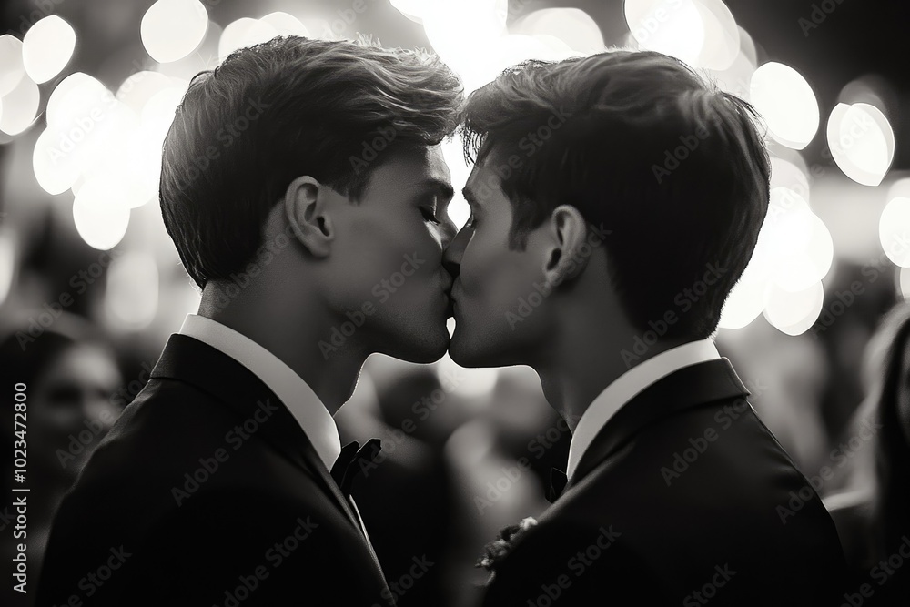 A black-and-white close-up of two grooms sharing a kiss, with blurred festive lights and wedding guests in the background, capturing a timeless romantic moment A black-and-white close-up of two grooms sharing a kiss, with blurred festive lights and wedding guests in the background, capturing a timeless romantic moment