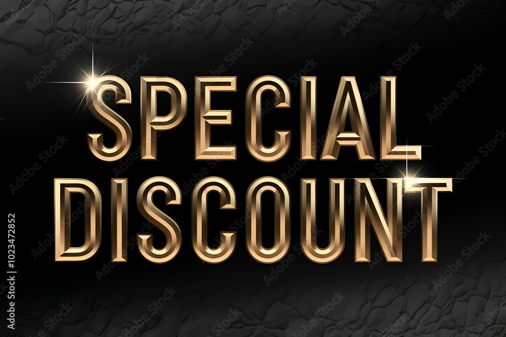 Obraz premium A special discount sign with gold letters. The sign is on a black background. The sign is shiny and has a gold color