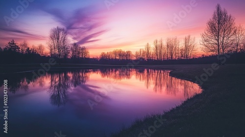 Wallpaper Mural A vibrant sunset casts a purple and orange glow over a still lake, with bare trees silhouetted against the sky. Torontodigital.ca