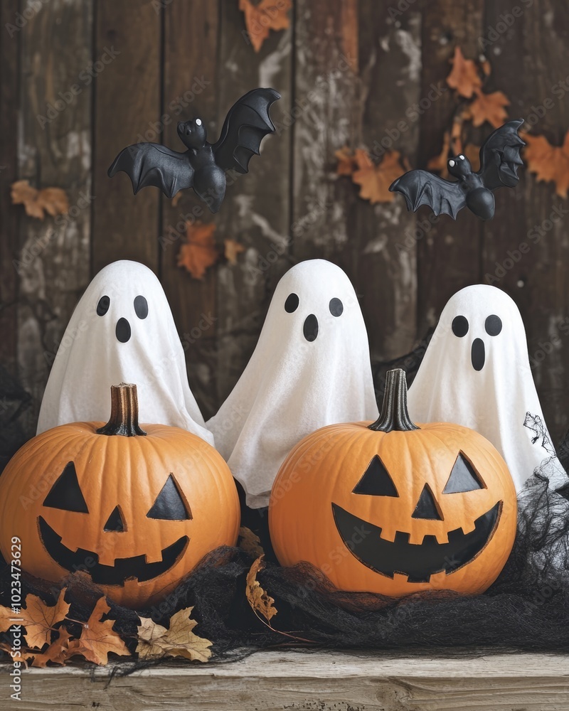 Halloween decorations featuring ghost pumpkins and spooky elements on a wooden background Halloween decorations featuring ghost pumpkins and spooky elements on a wooden background