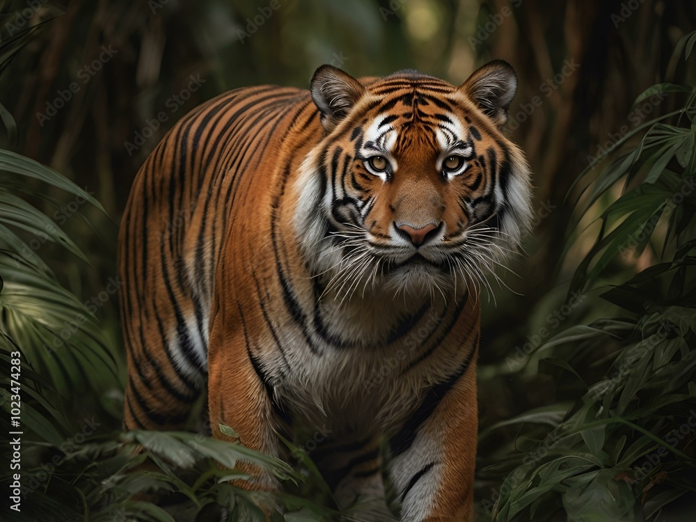 Tiger walks hunts in the forest Tiger walks hunts in the forest