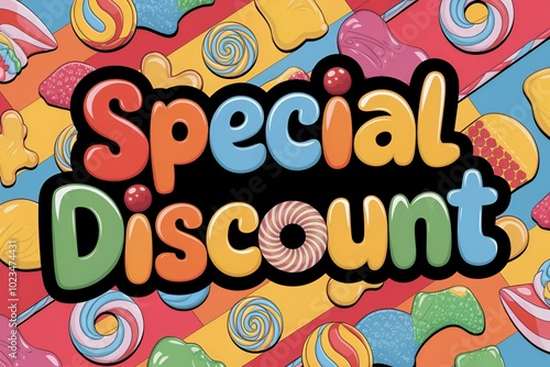 A colorful poster with a candy theme and the words "Special Discount" written in bold letters. The poster is designed to attract attention and entice people to take advantage of the sale