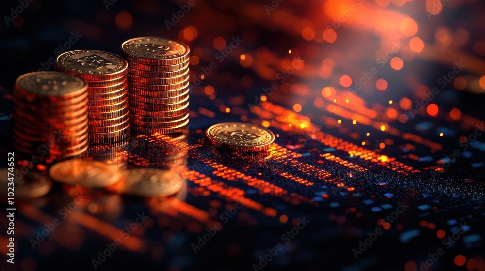 Fototapeta premium A collection of stacked coins glimmers on a dark surface, illuminated by warm, fiery tones, creating an abstract yet captivating financial scene.