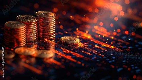 A collection of stacked coins glimmers on a dark surface, illuminated by warm, fiery tones, creating an abstract yet captivating financial scene.