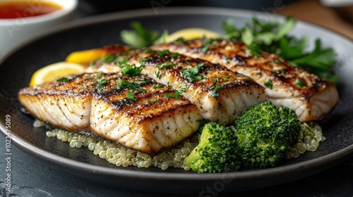 Grilled fish fillet served with broccoli and quinoa, garnished with herbs and lemon, presented on a dark plate alongside a bowl of sauce.