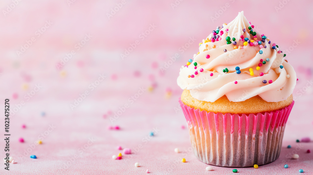Delicious vanilla cupcake with colorful sprinkles and creamy frosting, set on a pink background, perfect for dessert lovers and baking enthusiasts. Delicious vanilla cupcake with colorful sprinkles and creamy frosting, set on a pink background, perfect for dessert lovers and baking enthusiasts.