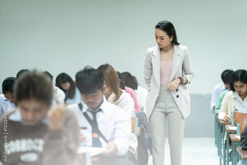 A teacher carefully monitors students taking an exam in a classroom, ensuring focus and discipline during academic assessment. A teacher carefully monitors students taking an exam in a classroom, ensuring focus and discipline during academic assessment.