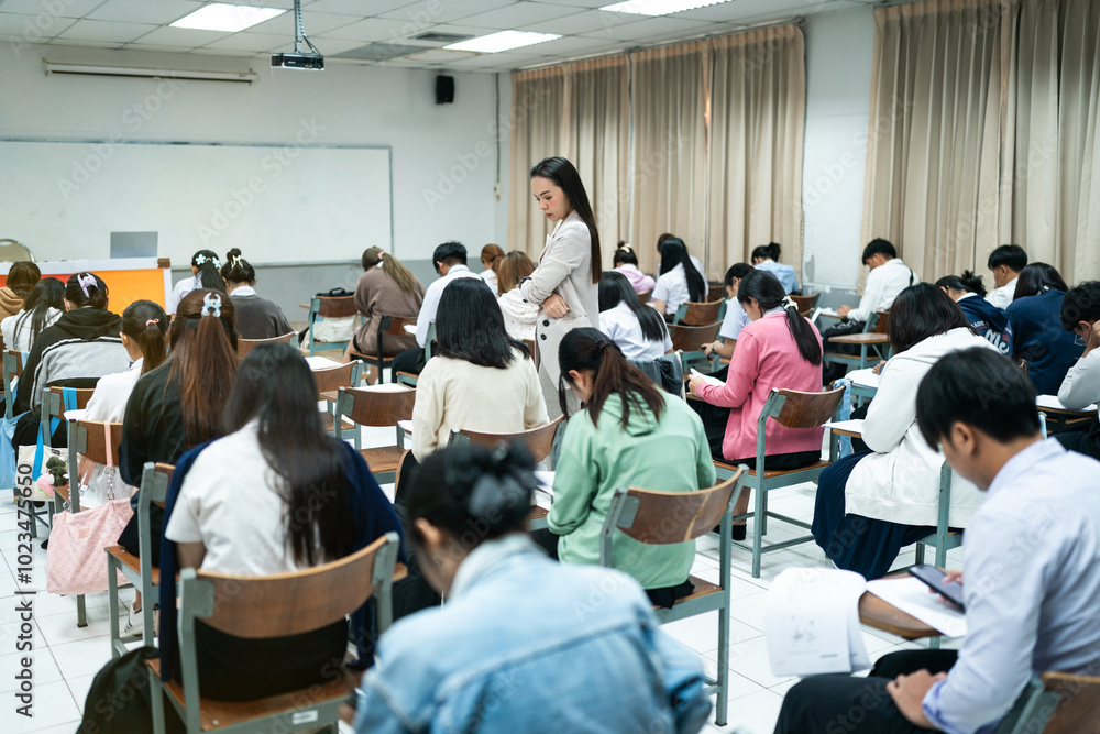 Obraz premium A teacher carefully monitors students taking an exam in a classroom, ensuring focus and discipline during academic assessment.