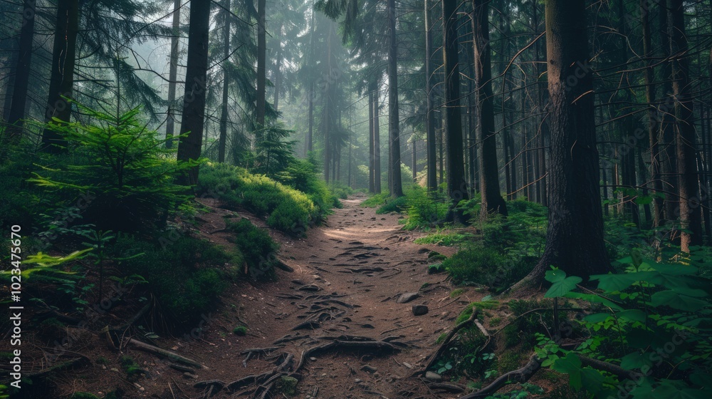 Obraz premium Sunbeams in the Mysterious Pine Forest