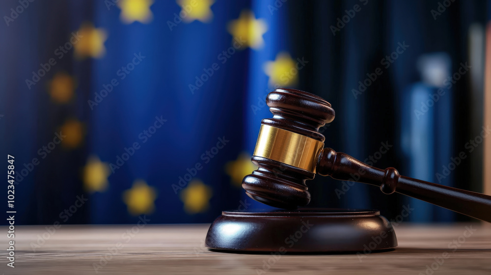 Gavel on wooden desk in front of European Union flag during legal proceedings Gavel on wooden desk in front of European Union flag during legal proceedings