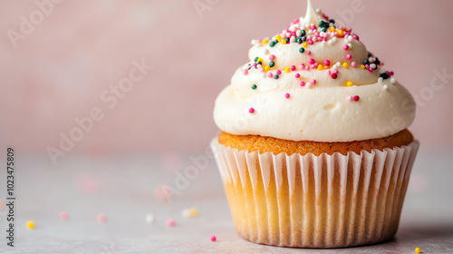 Wallpaper Mural Delicious cupcake topped with creamy frosting and colorful sprinkles, set against a soft pink background, perfect for sweet treats and dessert-themed projects. Torontodigital.ca