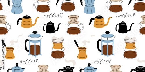 Coffee makers. French press filter and cezve for turkish coffee, chemex, moka pot. Cafe or bakery equipment for morning energy hot drinks, Flat cartoon vector seamless pattern