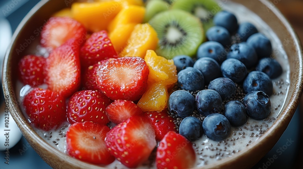 A vibrant bowl of fresh fruits including strawberries, mango, kiwi, and blueberries, beautifully arranged over a creamy base. A vibrant bowl of fresh fruits including strawberries, mango, kiwi, and blueberries, beautifully arranged over a creamy base.