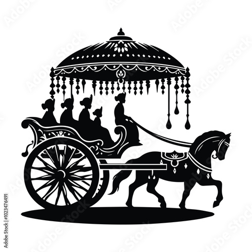 A monochrome illustration showcasing a traditional horse-drawn carriage, emphasizing its elegant design