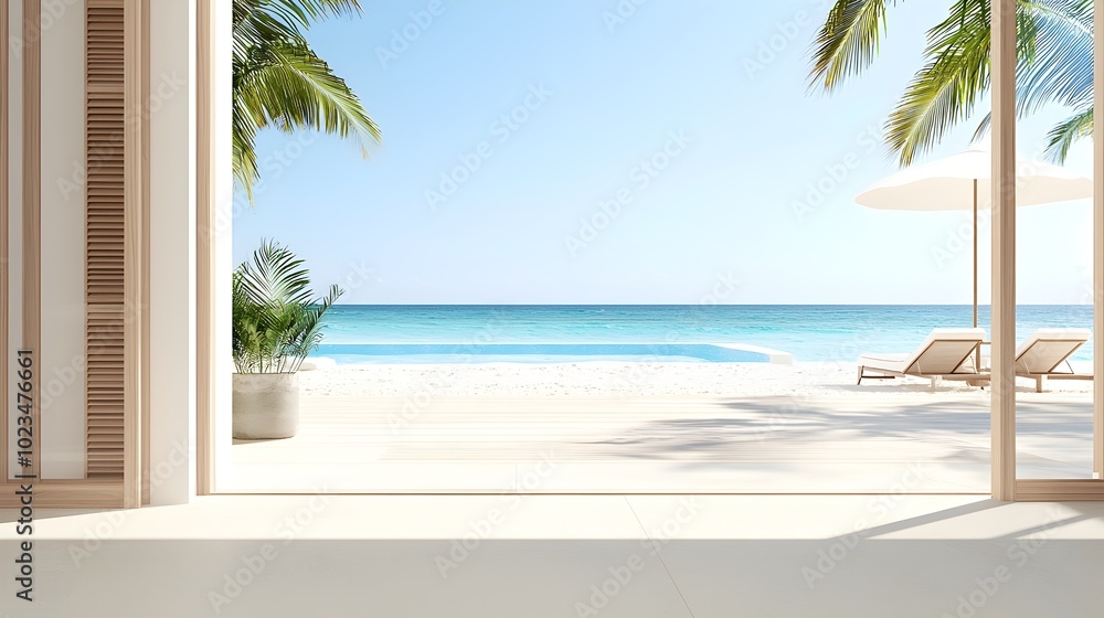 Fototapeta premium Coastal Luxury Retreat with Ocean View - Elegant Chic Design and Warm Sunlight Create a Calming Elite Comfort Experience