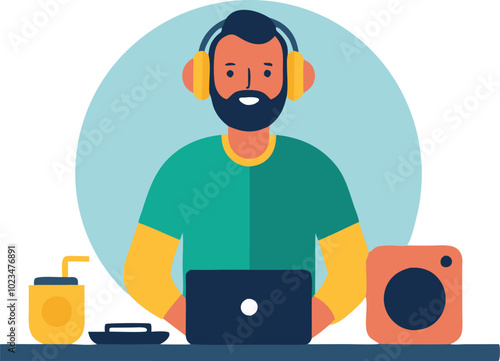 A vector illustration of a music producer wearing headphones, working on a laptop, symbolizing creativity, audio production, and focus.