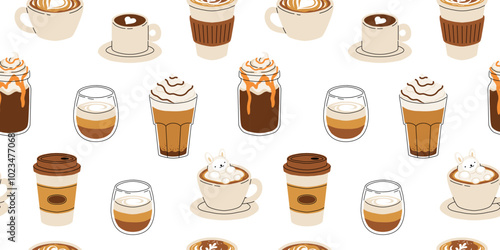 Seamless pattern of Coffee Cups with Latte Art Patterns Front View. Cute rabbit, Flower and Heart foam shapes. Cafe Bar or Coffee House Graphics. Vector Illustration, Icons