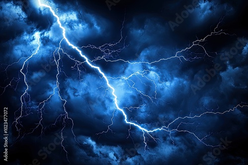 Dramatic lightning strike illuminating stormy dark clouds