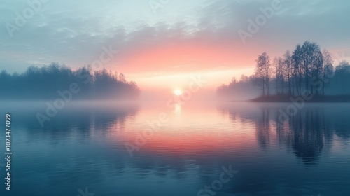 A tranquil sunrise over a misty lake, reflecting soft hues of pink and blue with silhouetted trees in the distance.